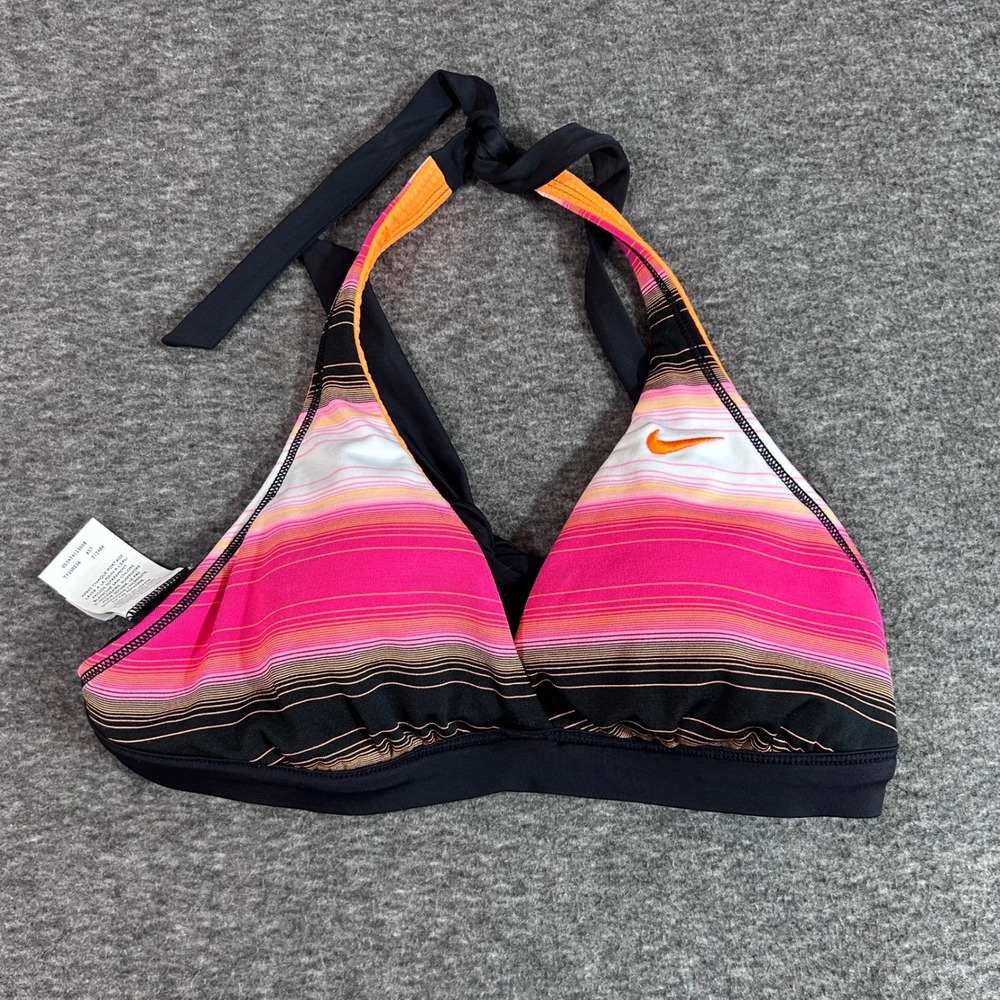 Nike Reversible Halter Bikini Top Pink Orange Striped Swim Size 8